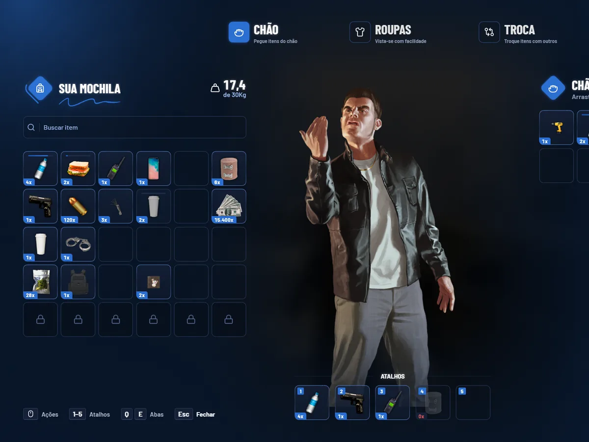Backpack open in-game, with the items, the weight and the shortcuts